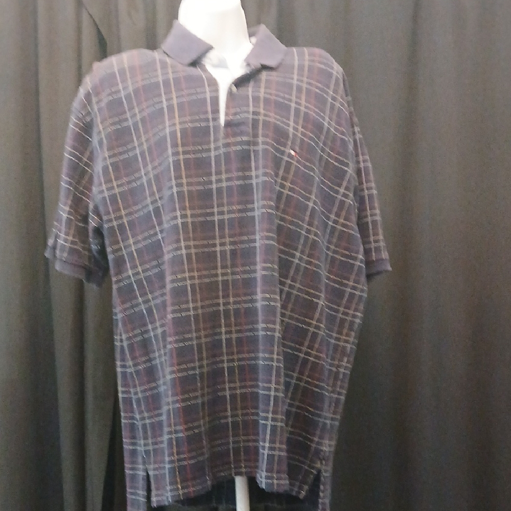Tommy Hilfiger Blue and Red Checkered Polo Shirt